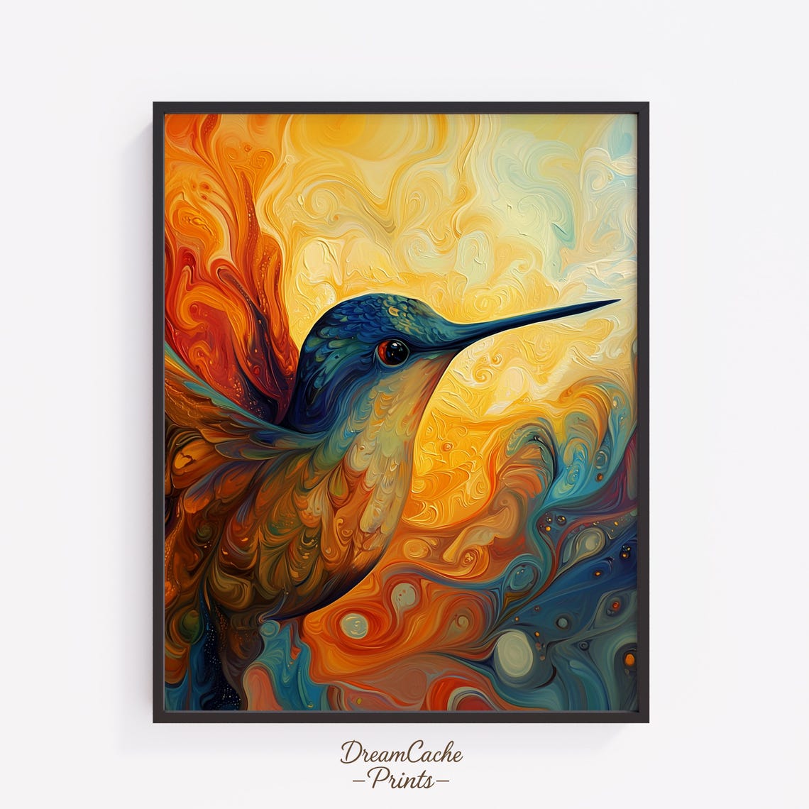 Blue Hummingbird Close Up Marbled Orange Swirl Psychedelic Print