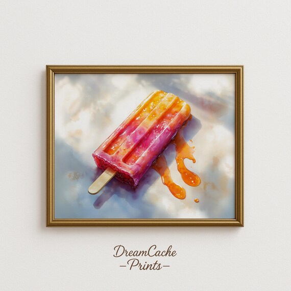 Half Melted Fruit Popsicle Dripping Summer Watercolor Dessert Poster