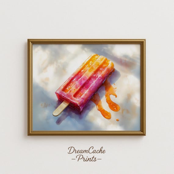 Halfmelted Popsicle Art Print Summer Ink Watercolor Painting Dripping Fruit Dessert Bright Kitchen Wall 126