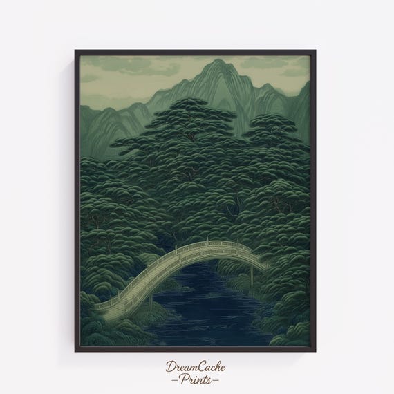 Wabi Sabi Wall Art Japandi Bridge Landscape Print Minimalist Green River Poster Sage Zen Nature Decor 169