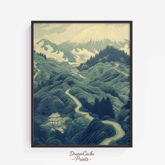 Mount Fuji Sage Green Vintage Japanese Mountain Landscape Poster
