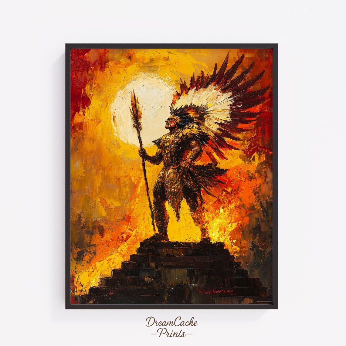 Aztec God Huitzilopochtli With Staff Fiery Oil Painting Poster