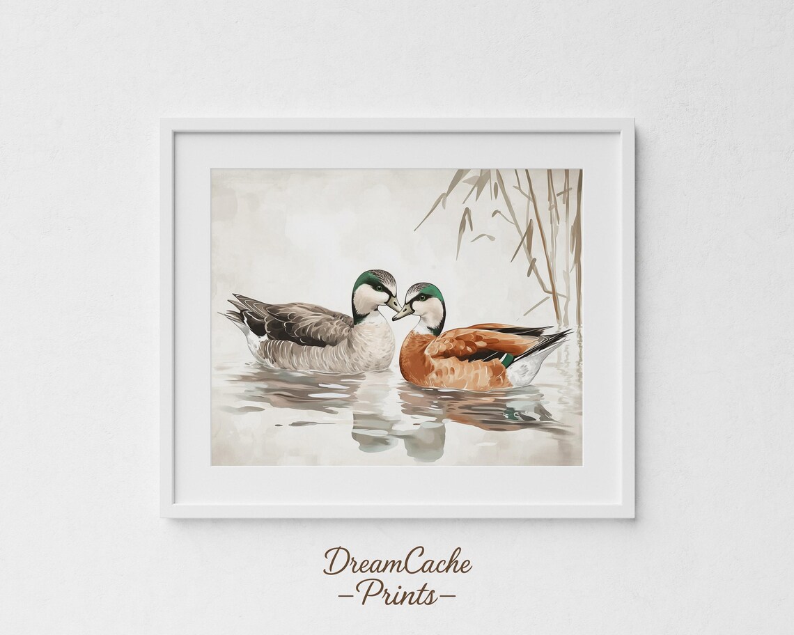 Pair Of Wigeons Swimming Together In A Watercolor Duck Poster