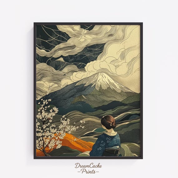 Japandi Wall Art Mount Fuji Cherry Blossom Print Wabi Sabi Style Japanese Kimono Landscape Decor 172