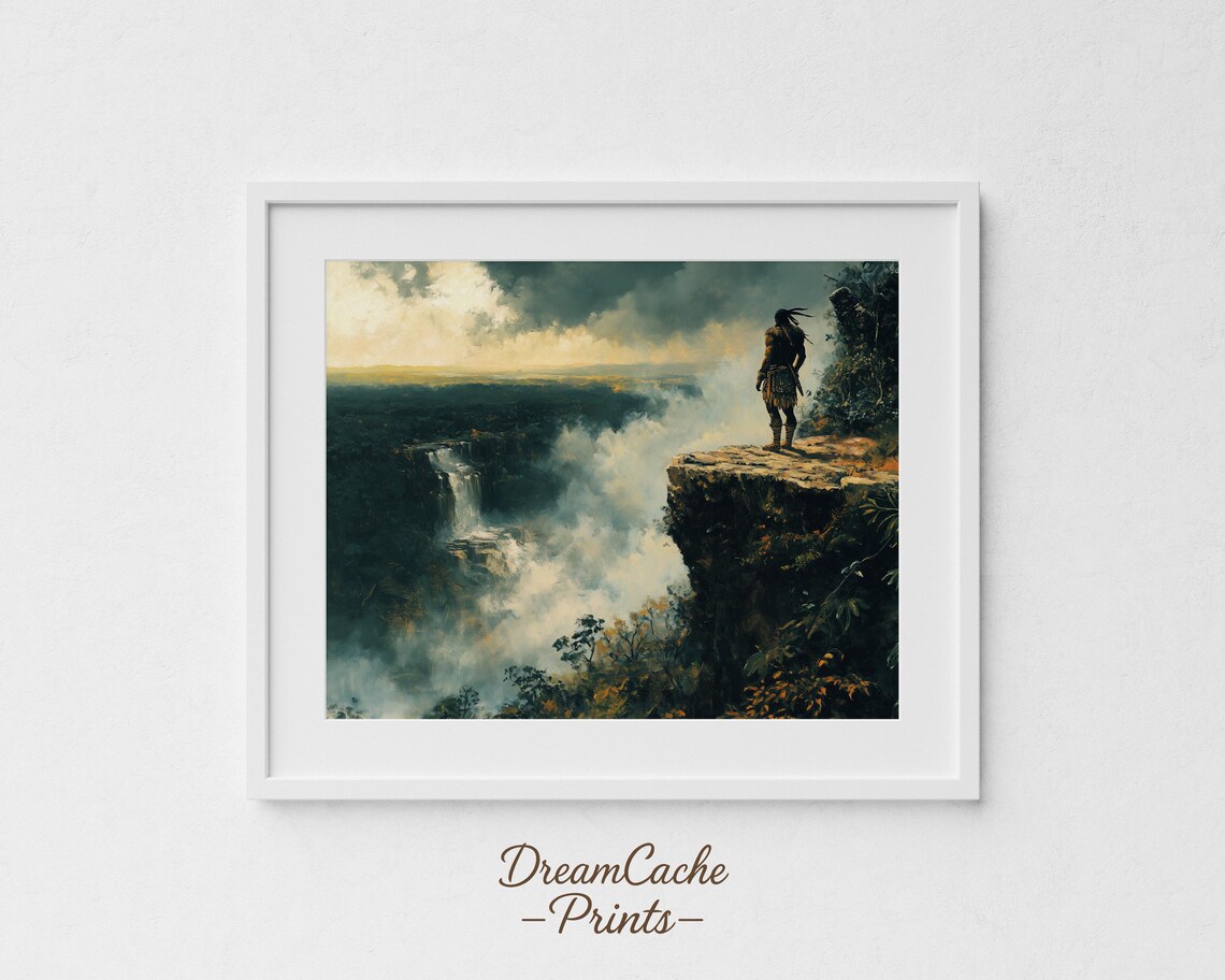 Aztec Warrior Standing On Cliff Overlooking Misty Waterfall Gorge Art Poster