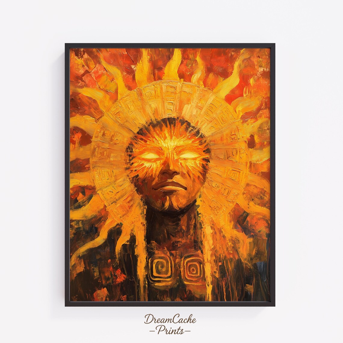 Aztec Sun God Fiery Mythology Oil Painting Bold Statement Poster