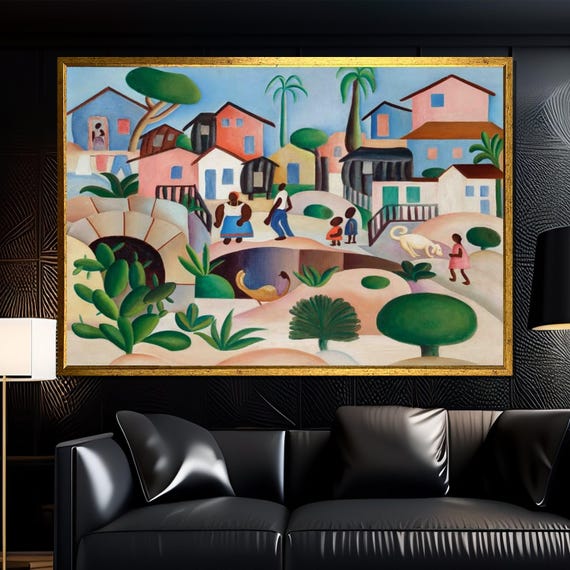 Tarsila Do Amaral Village With Bridge And Papaya Tree Canvas Painting Ready To Hang Gift Folk Art Boho Wall Home Decor