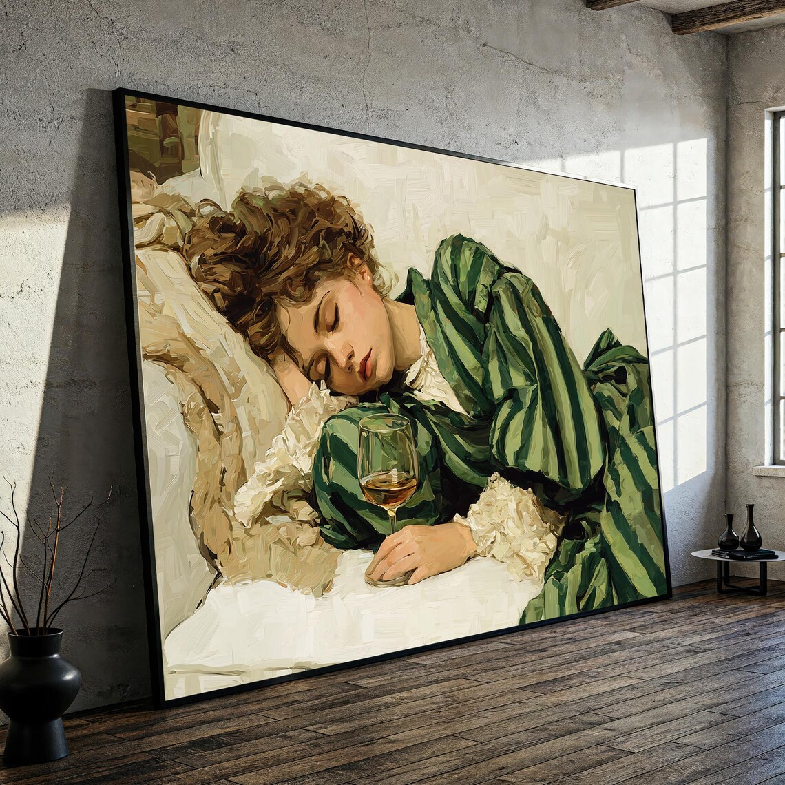 Woman Sleeping With Wine Glass Green Robe Vintage Style Poster