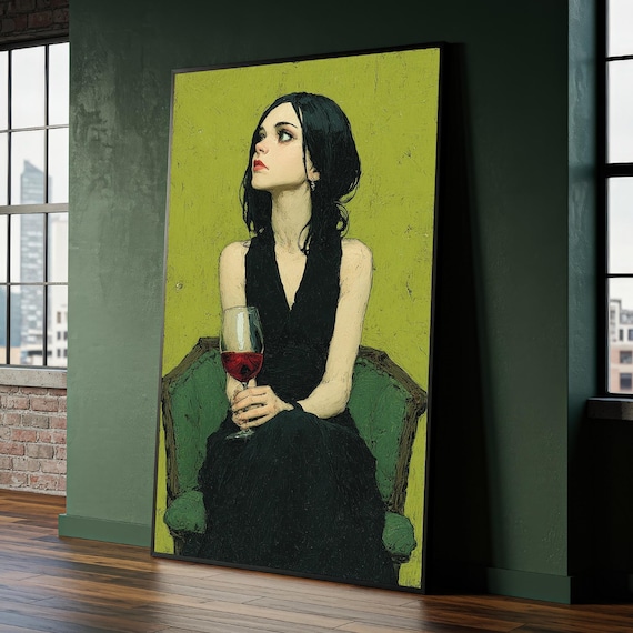 Woman in Black Dress Holding Wine Glass Expressionist Portrait Poster