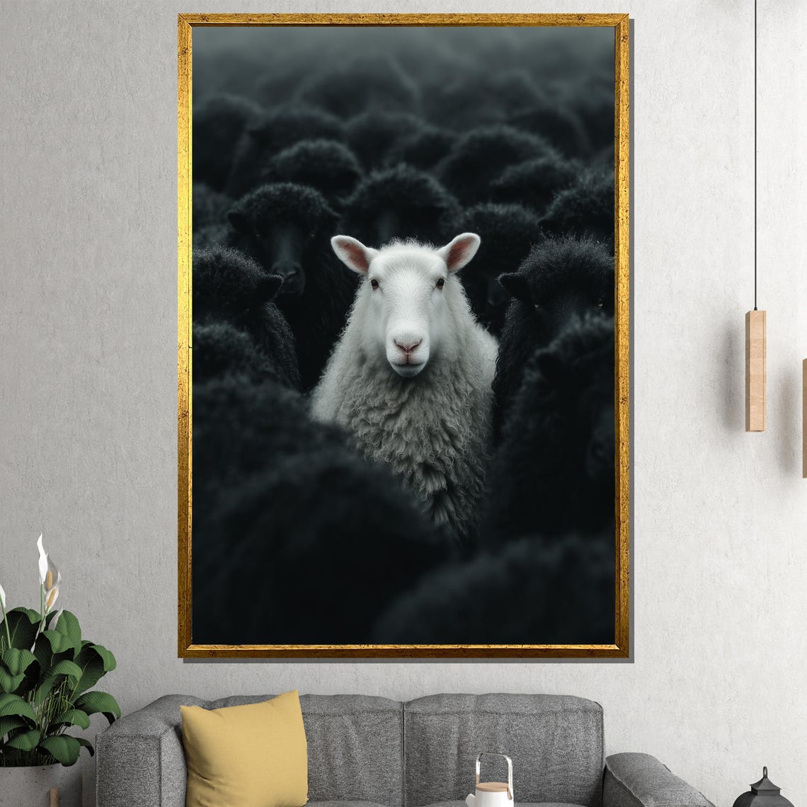 Lone White Sheep Among Black Flock Bold Contrast Photo Poster