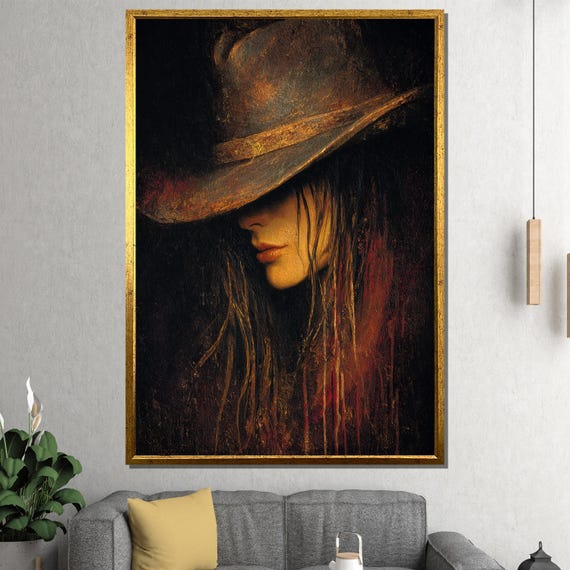 Stylish Cowgirl With Cowboy Hat Canvas Painting Abstract Western Wall Art Ready To Hang Rustic Decor Gift
