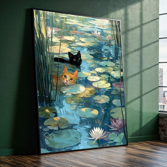 Claude Monet Style Cats Canvas Painting Whimsical Water Lily Art For Cat Lovers Nature Wall Decor Serene Gift Home