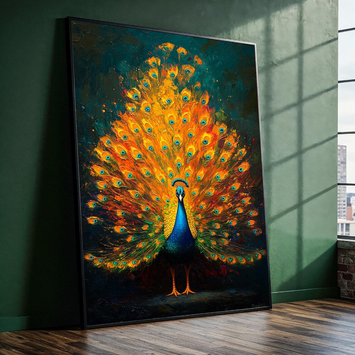 Majestic Golden Peacock Fanned Tail Impasto Painting Vibrant Poster
