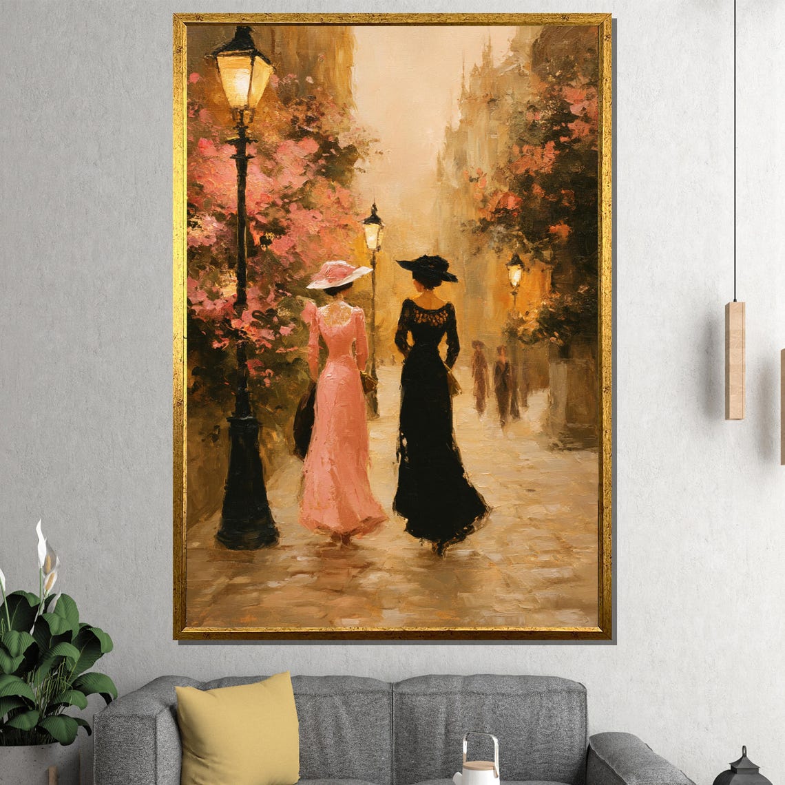 Romantic Lamplit Boulevard Stroll Two Elegant Women in Bloom Poster