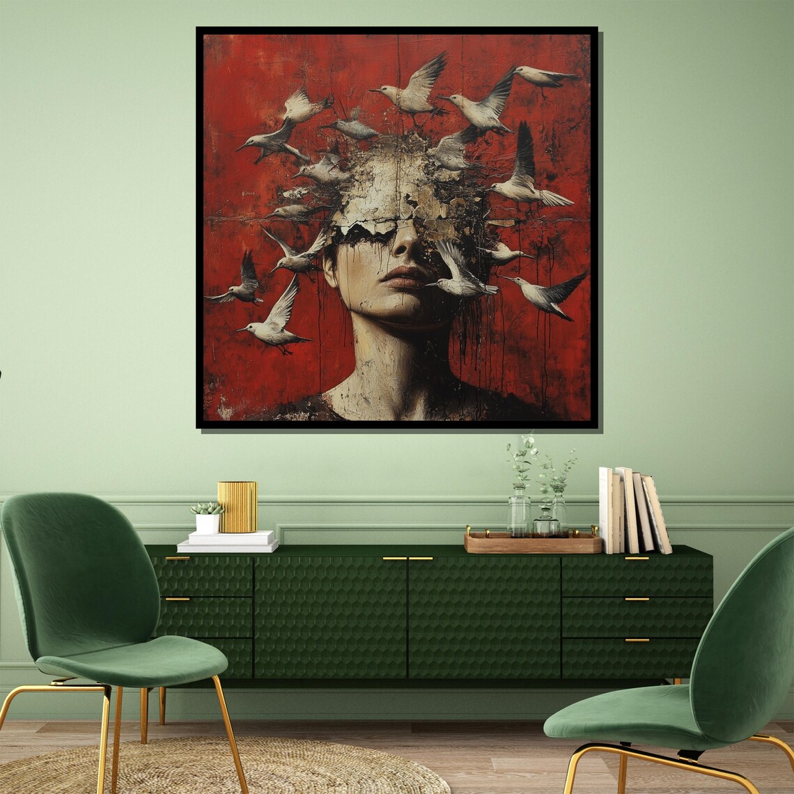 Woman with Doves Flying Around Head Crimson Red Surreal Portrait Poster - Image 3