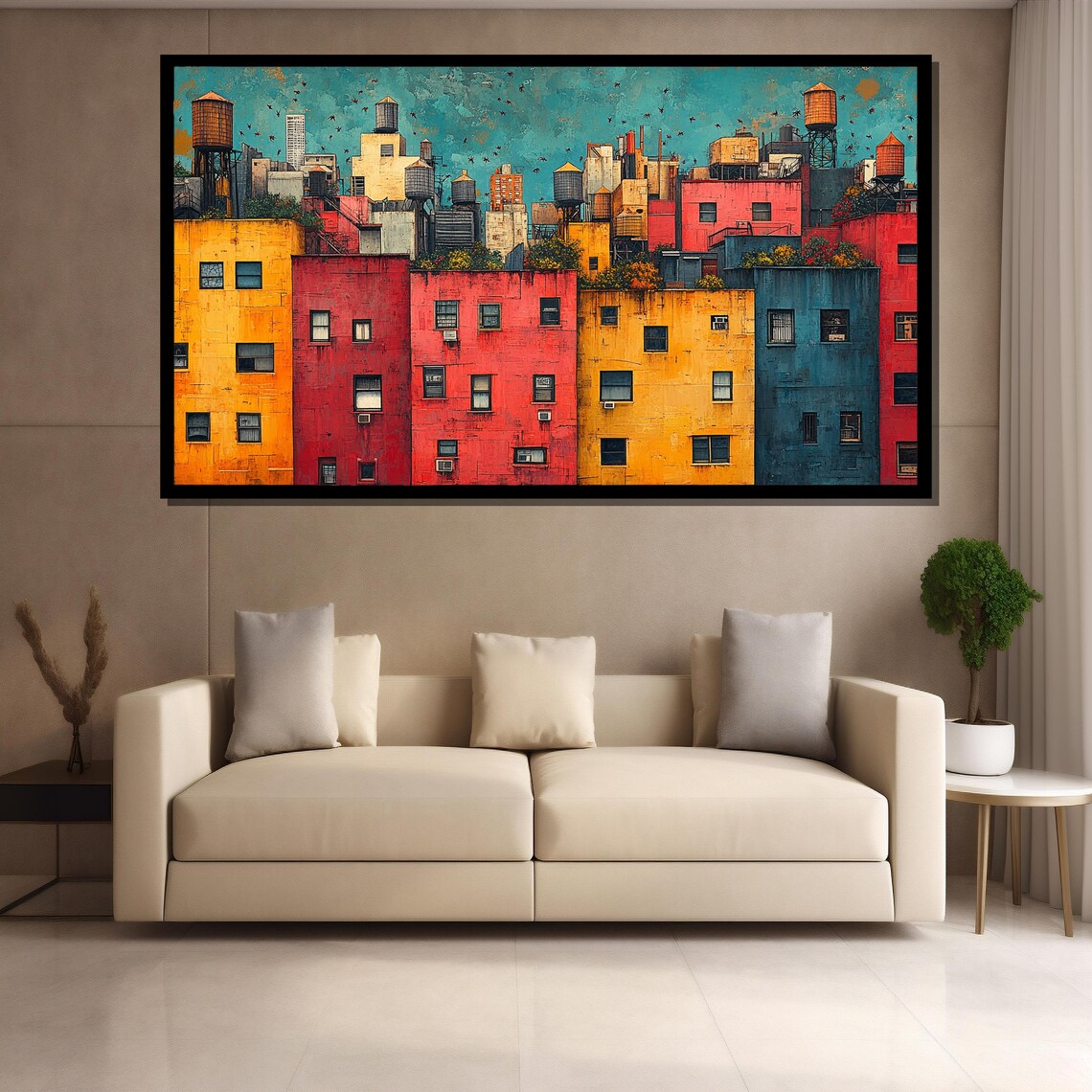 Colorful Urban Rooftop Cityscape Water Towers Modern Architecture Poster - Image 3