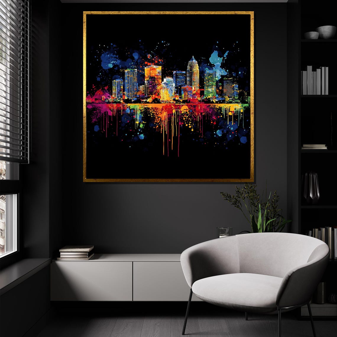 Vibrant Neon Skyline Graffiti Splash City Night Urban Art Poster - Image 4