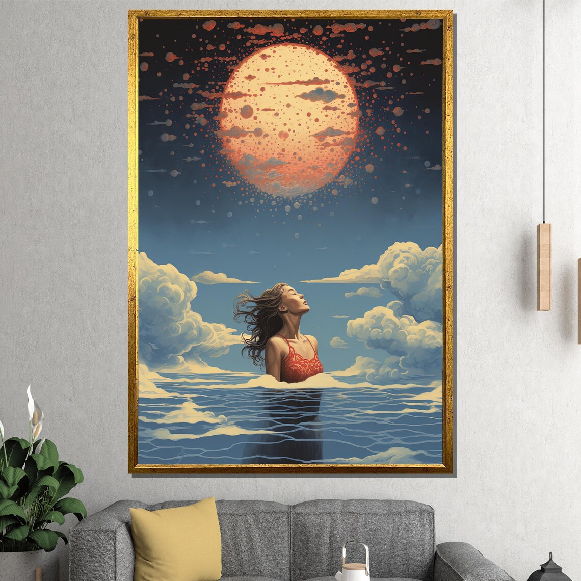 Dreamy Woman In Water With Surreal Sun Mystical Ocean Scene Poster