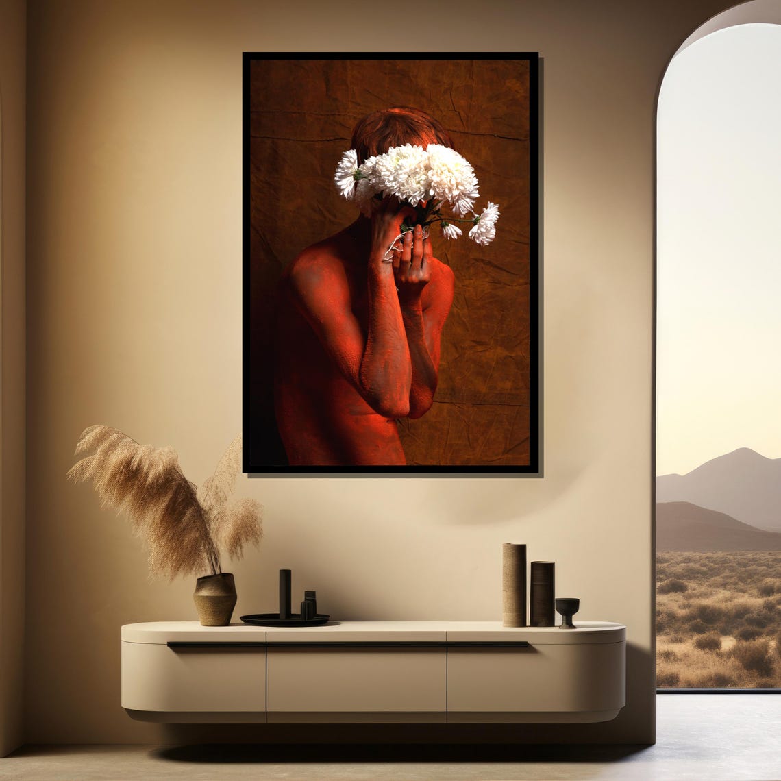 Red Body Paint Woman Holding White Flowers Conceptual Art Poster - Image 3