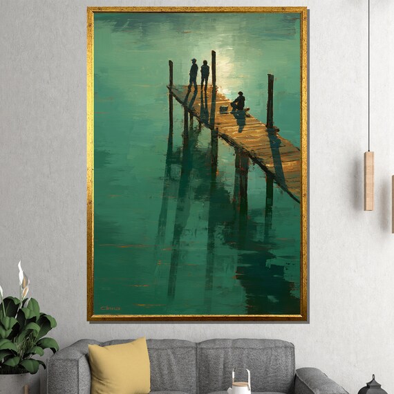 Silhouettes on Wooden Pier Above Glowing Teal Water Sunset Lake Painting Poster