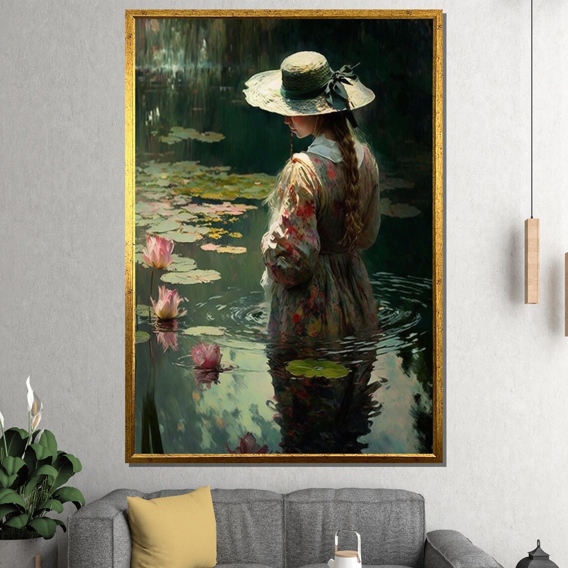 Romantic Woman In Water Lily Pond Vintage Impressionist Art Poster
