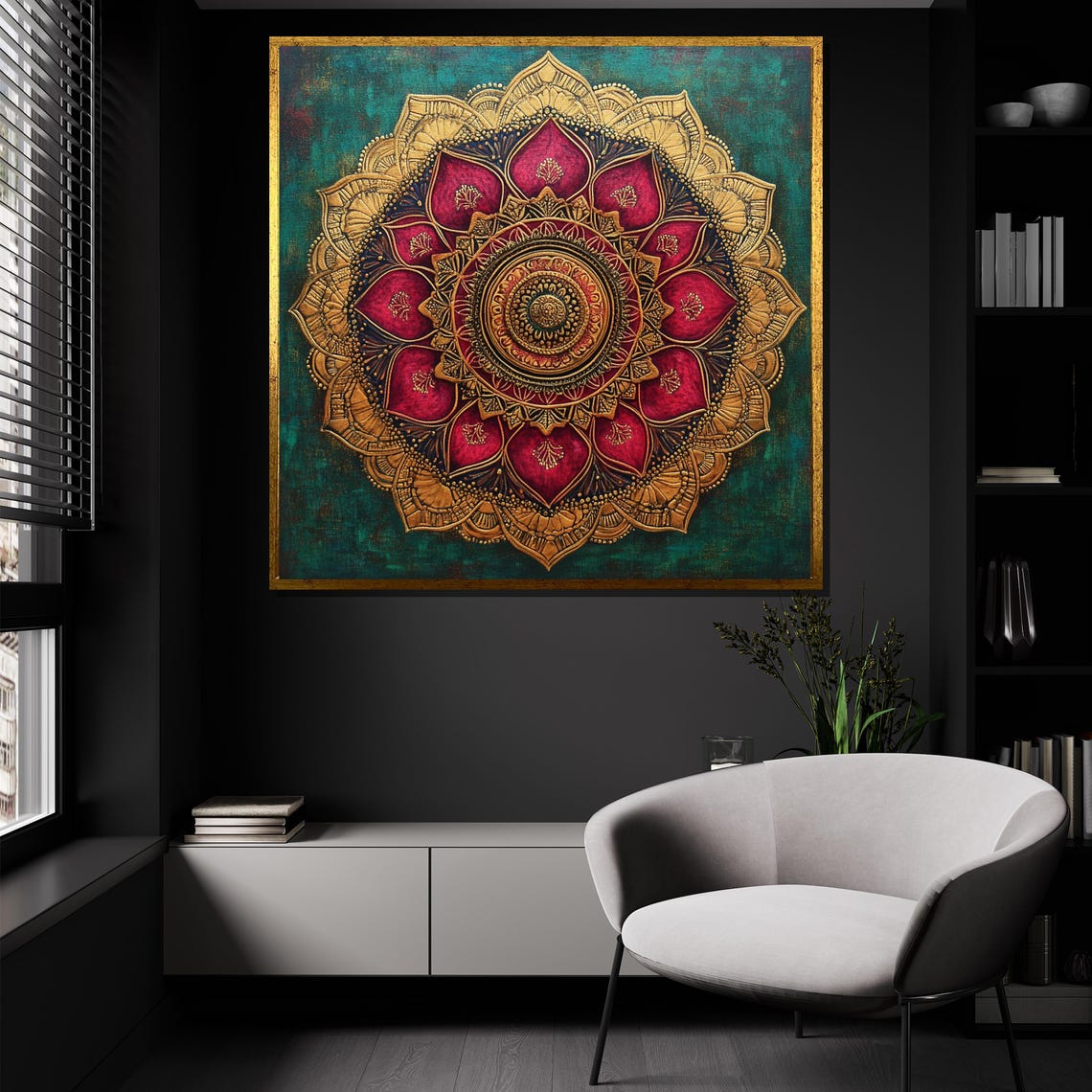 Radiant Pink Red Gold Mandala On Teal Intricate Boho Decor Poster - Image 4