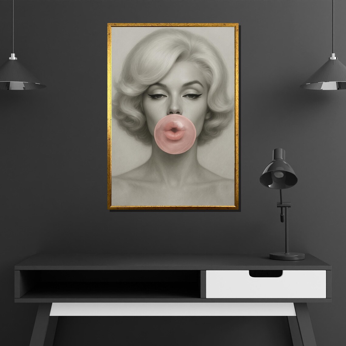 Marilyn Monroe Blowing Pink Bubblegum Retro Grayscale Pop Portrait Poster - Image 2