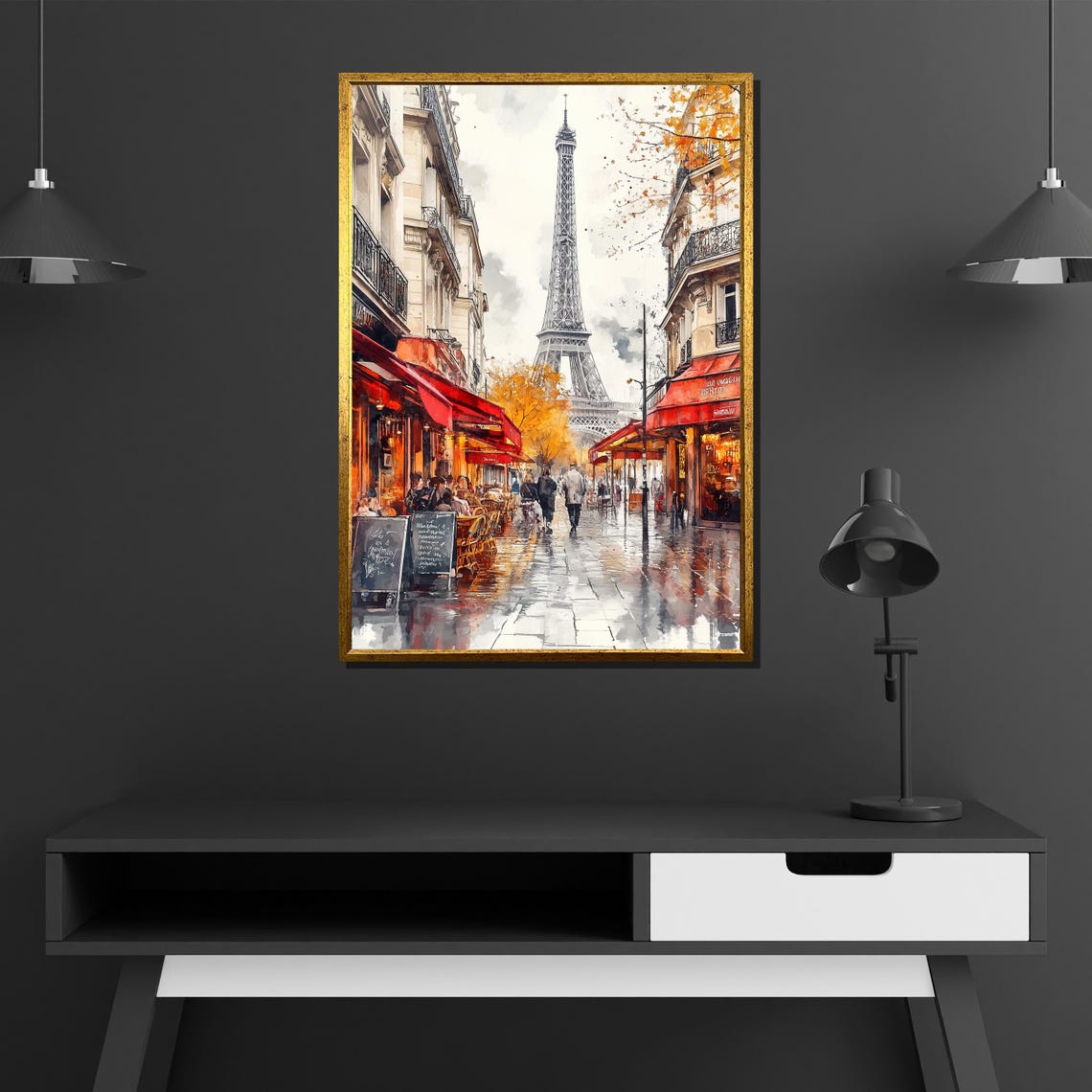 Paris Street Eiffel Tower Watercolor Cafe Scene Romantic Poster - Image 2