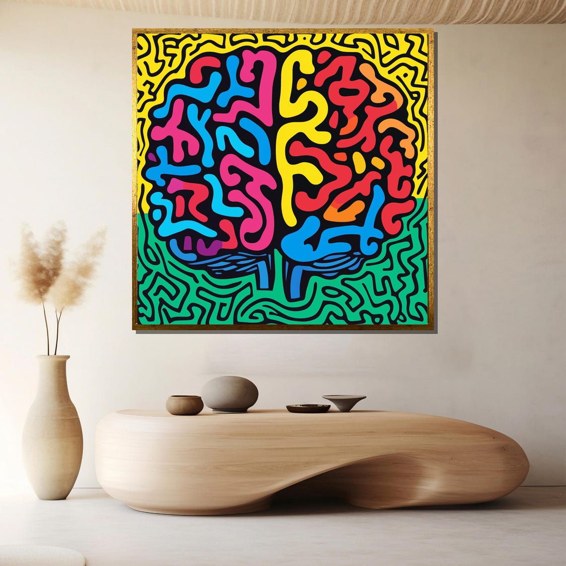 Vivid Creative Neon Colorful Brain Doodle Line Art Mind Poster