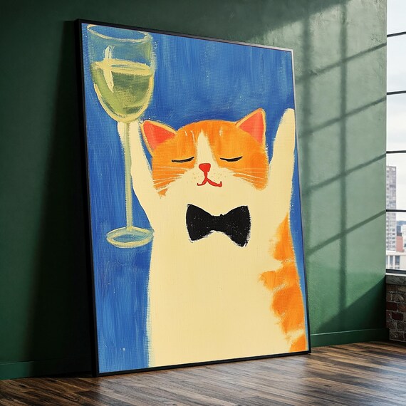 Cat Wine Toast Whimsical Orange Cat Bow Tie Fun Bar Kitchen Decor Poster