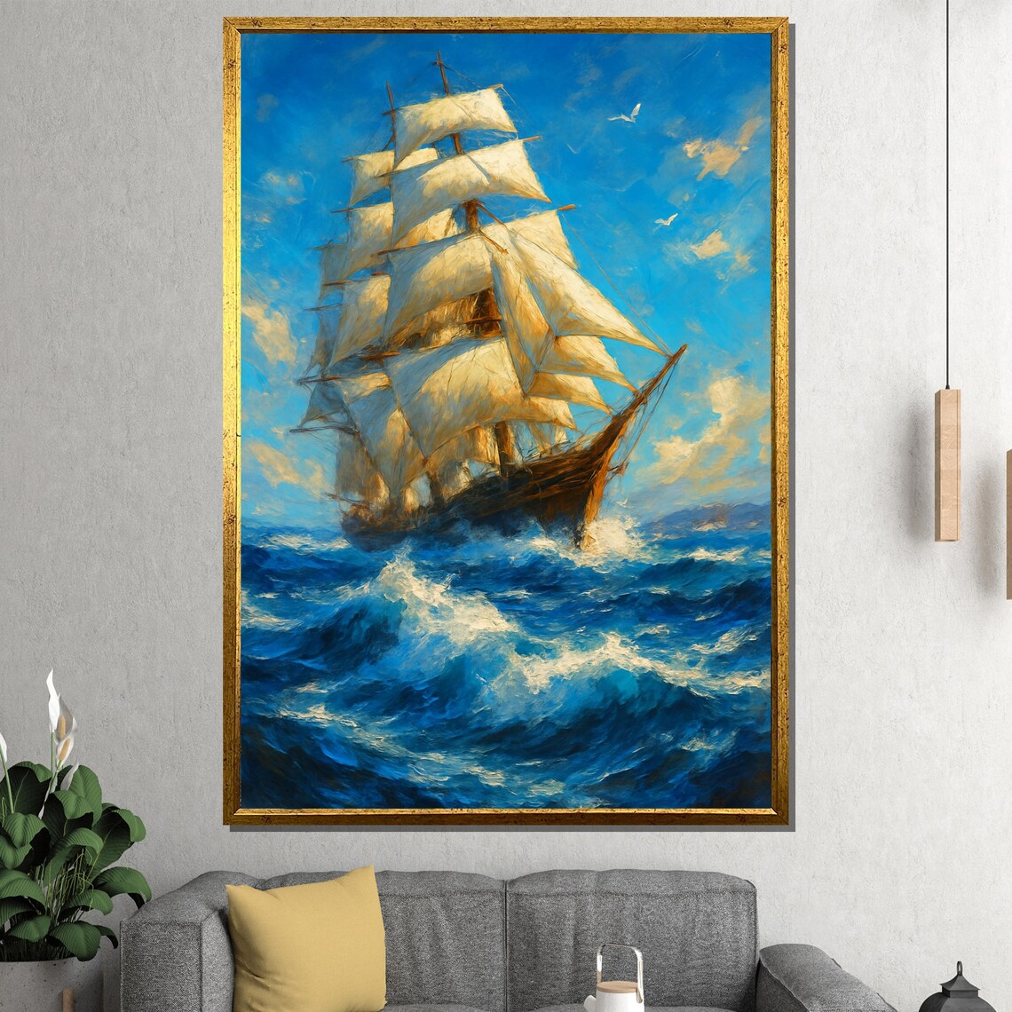 Majestic Tall Ship with Billowing Sails on Deep Blue Ocean Waves Painting Poster