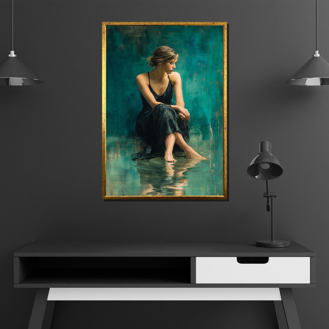 Contemplative Woman in Black Dress by Still Water Teal Figurative Painting Poster - Image 4