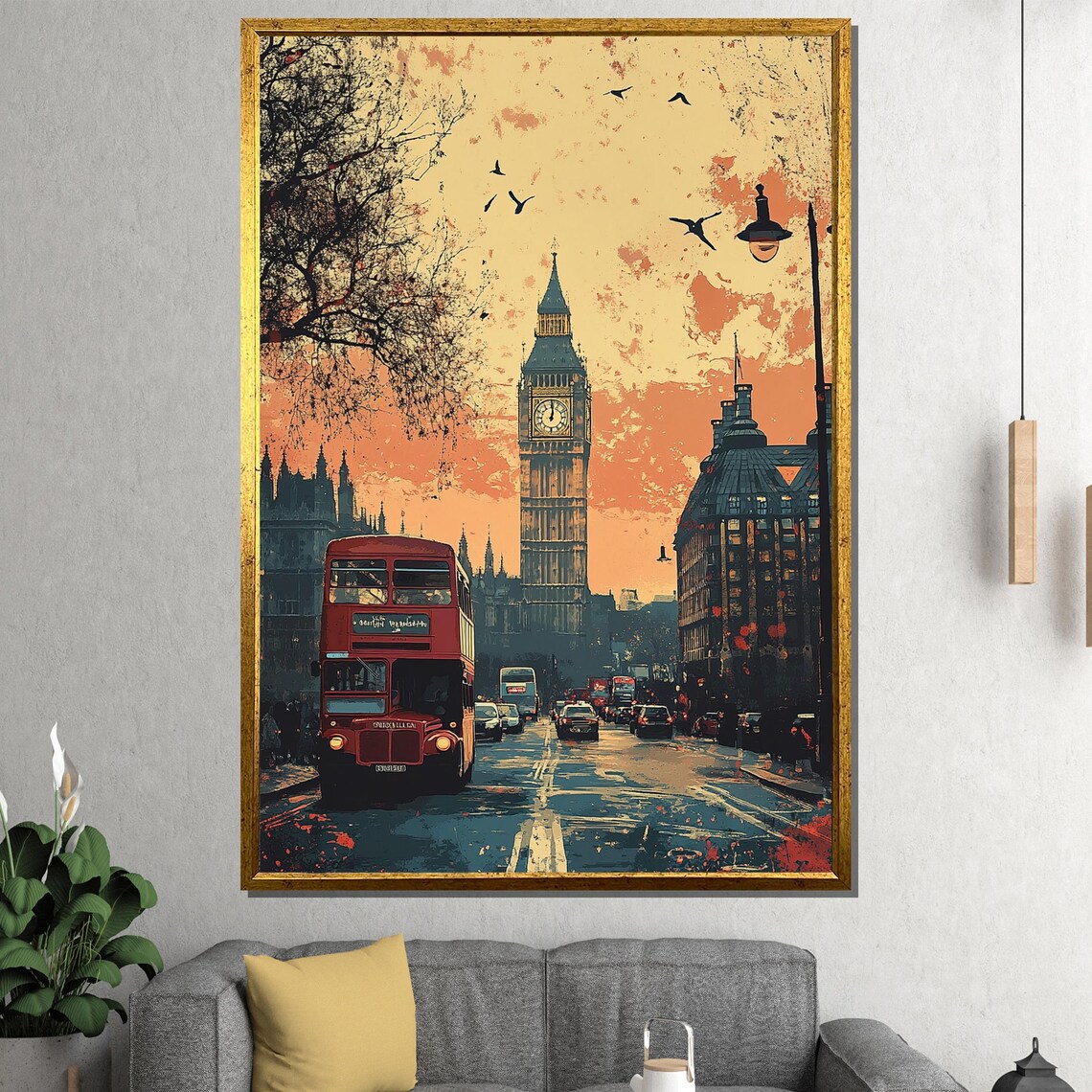 Vintage London Red Bus Big Ben Retro Sunset Street Travel Poster