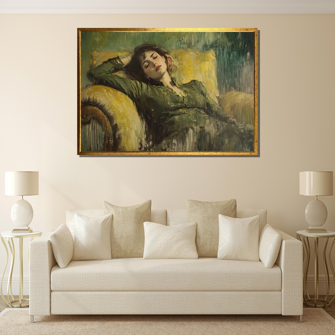 Woman Reclining on Golden Armchair Classical Oil Portrait Painting Resting Poster - Image 4