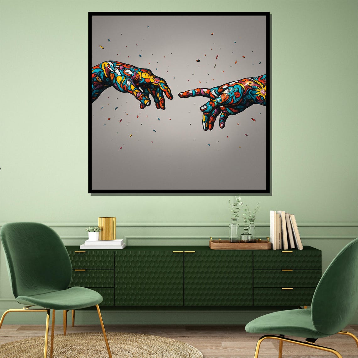 Surreal Mosaic Hands Reaching Connection Boho Abstract Art Poster - Image 2