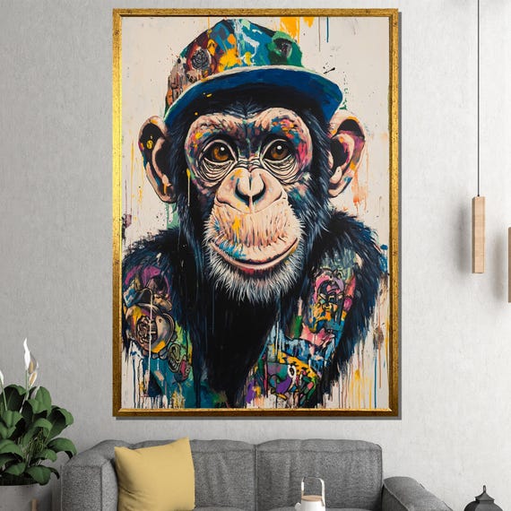 Hipster Monkey Canvas Painting Urban Pop Graffiti Wall Art Ready To Hang Gift For Cool Animal Lovers