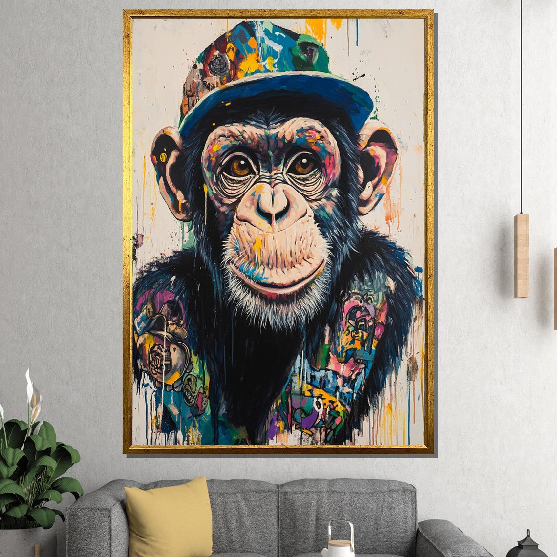 Hipster Chimpanzee Wearing Cap Colorful Splash Pop Art Poster