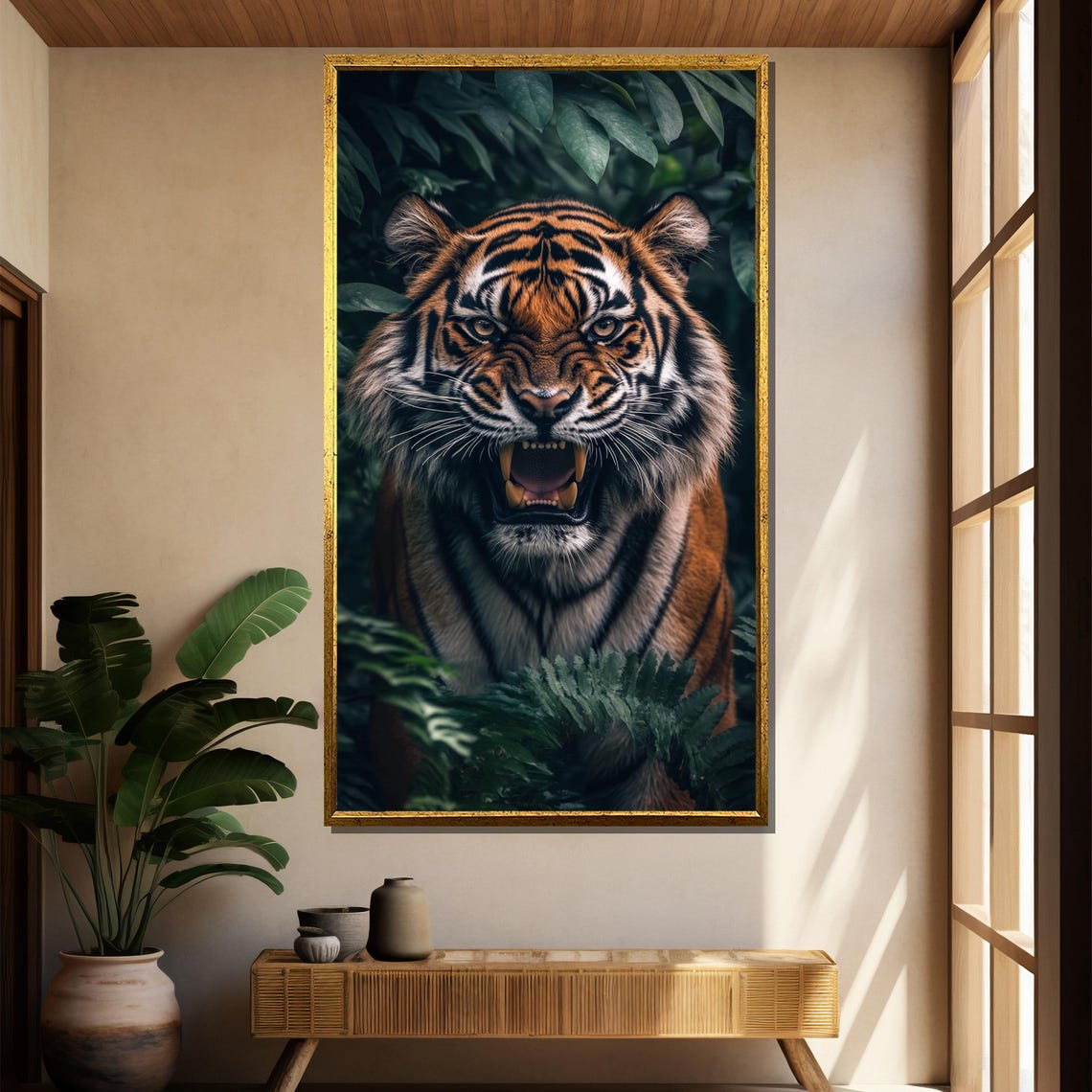 Roaring Tiger Prowls Through Dense Jungle Perfect Boho Wall Art For Modern Decor Canvas Painting Ready To Hang Gift - Image 2