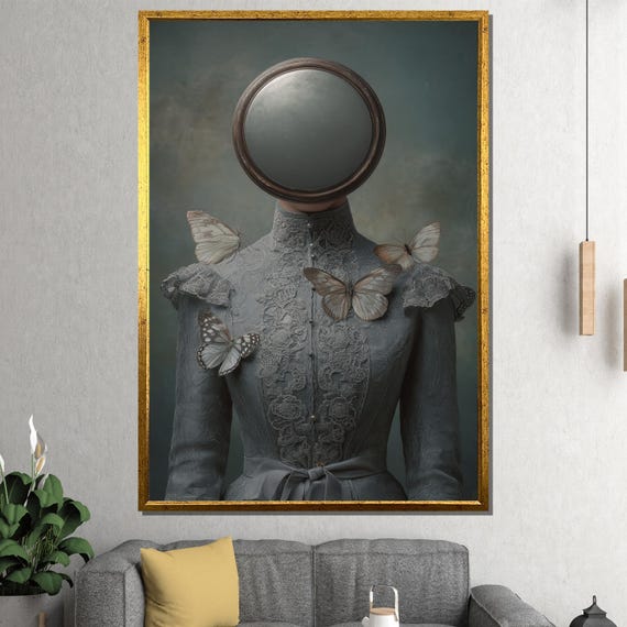 Surreal Mirror Canvas Painting Symbolic Woman With Butterflies Dreamlike Identity Wall Art Unique Gift For Lovers