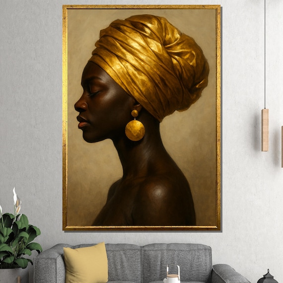 African Woman Profile Portrait with Golden Headwrap and Earrings Painting Poster