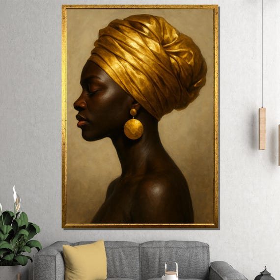 Golden Headwrap Portrait Elegant Woman In Profile With Radiant Turban And Earrings For Bold Cultural Modern Wall Statement