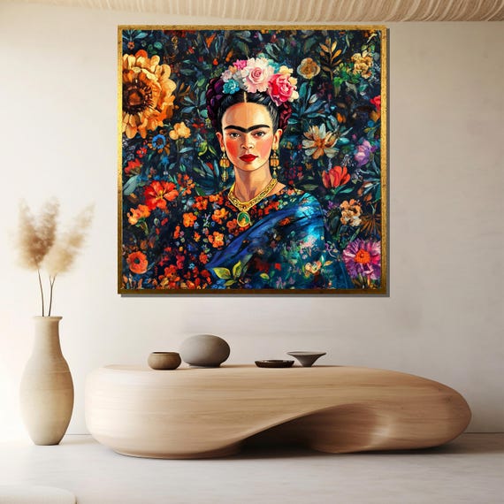 Floral Majesty Frida Inspired Woman In Vibrant Botanical Pattern With Regal Gaze And Folk Elegance For Bold Colorful Wall Expression