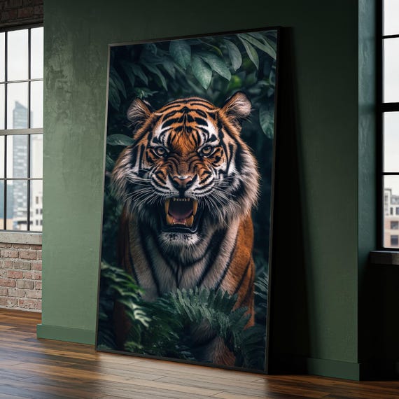 Roaring Tiger Prowls Through Dense Jungle Perfect Boho Wall Art For Modern Decor Canvas Painting Ready To Hang Gift