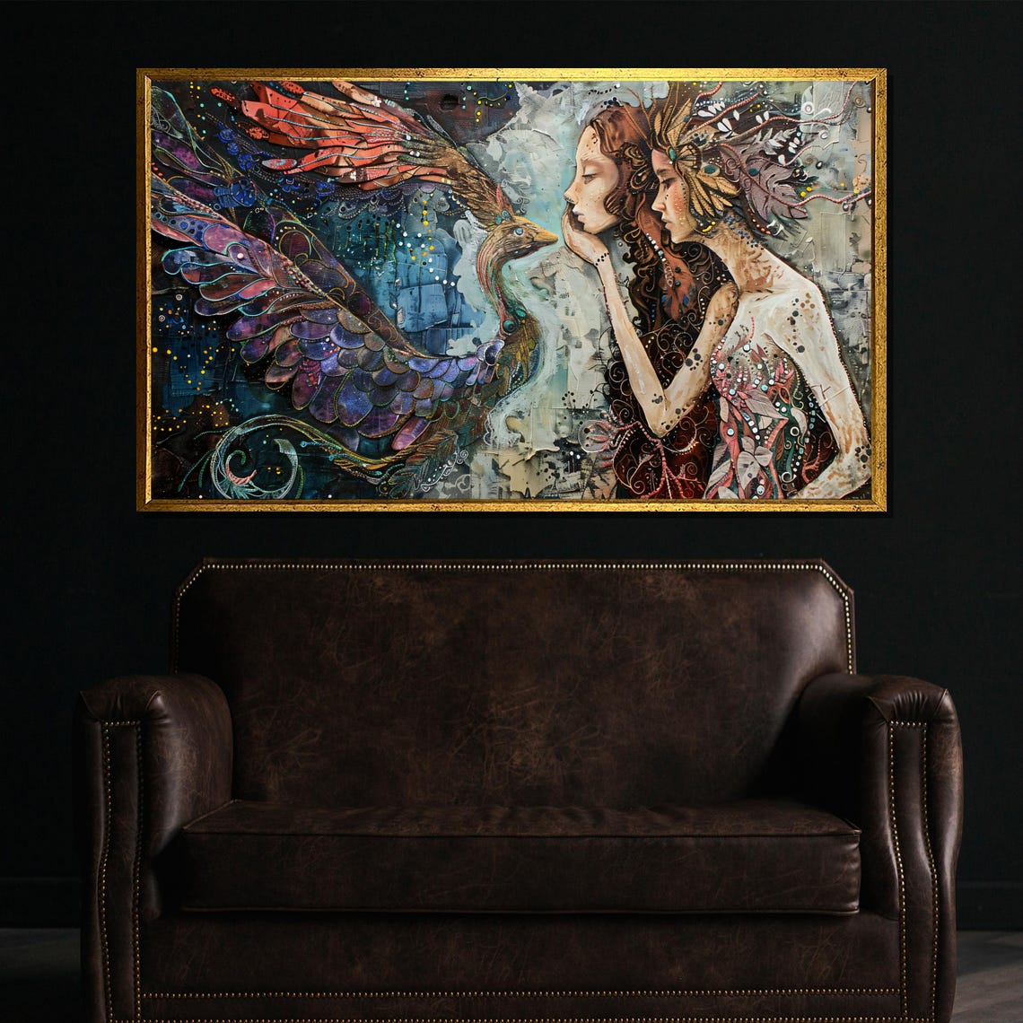 Enchanted Women and Celestial Bird Whimsical Myth Fantasy Art Poster
