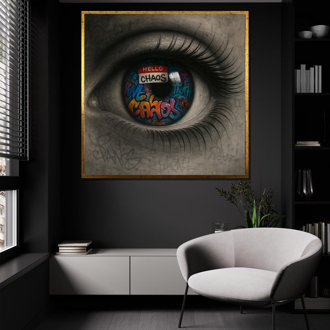 Hyperrealistic Eye With Graffiti Iris Hello Chaos Statement Poster - Image 3