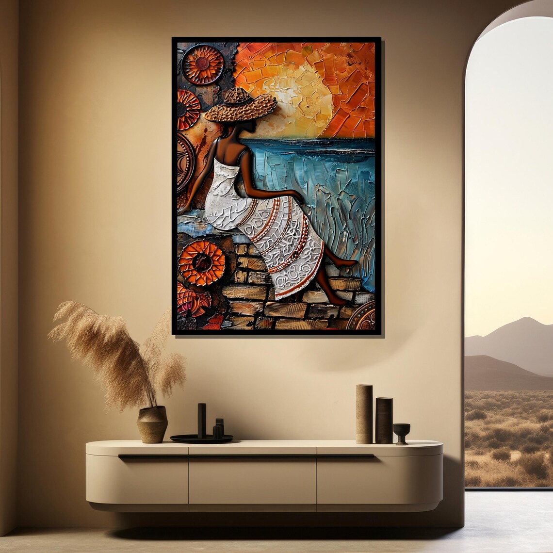 Silhouette Woman in White Dress with Straw Hat by the Sea Sunset Painting Poster - Image 3