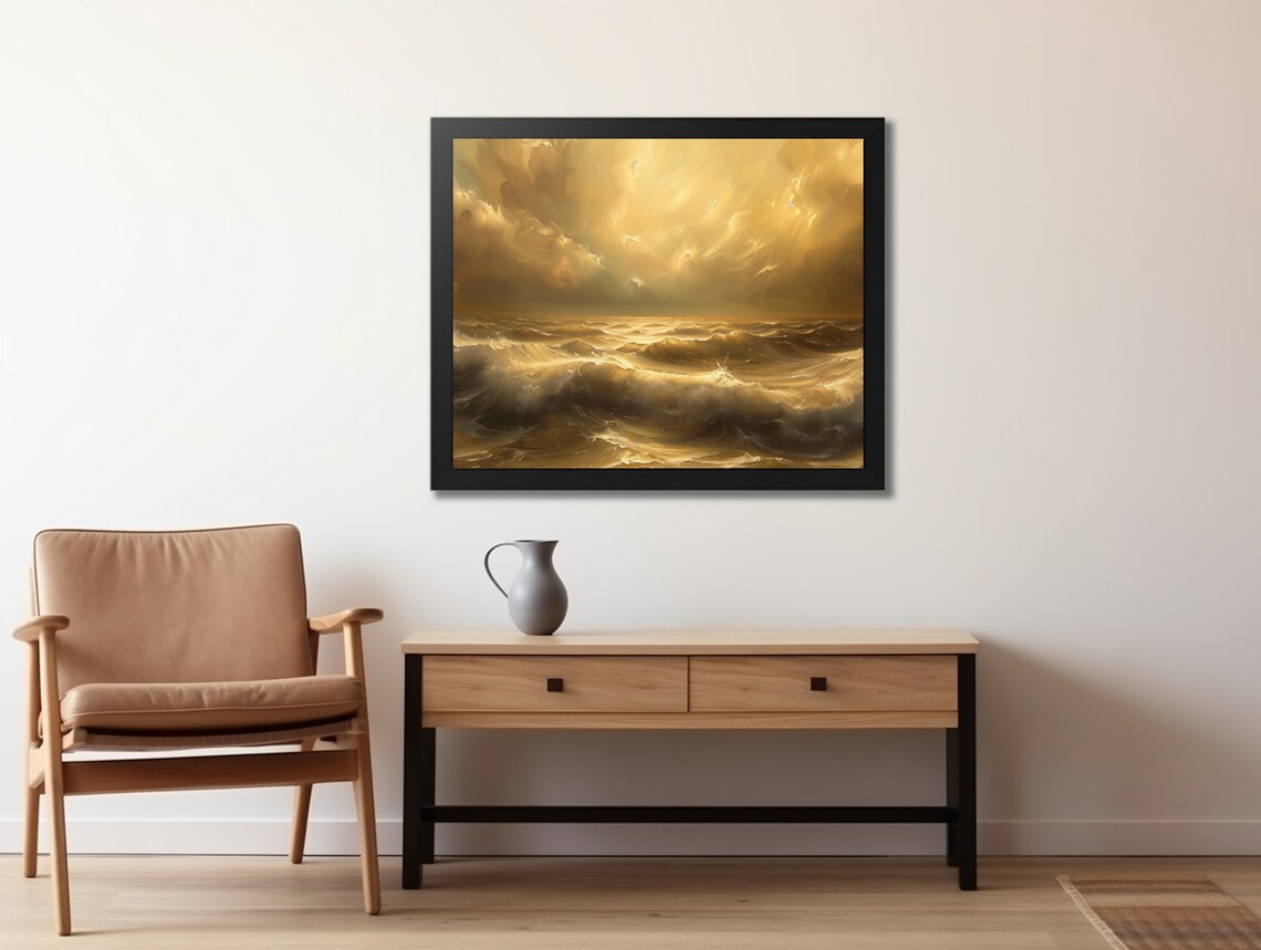 Golden Sunset Ocean Waves Moody Neutral Seascape Painting Poster - Image 2