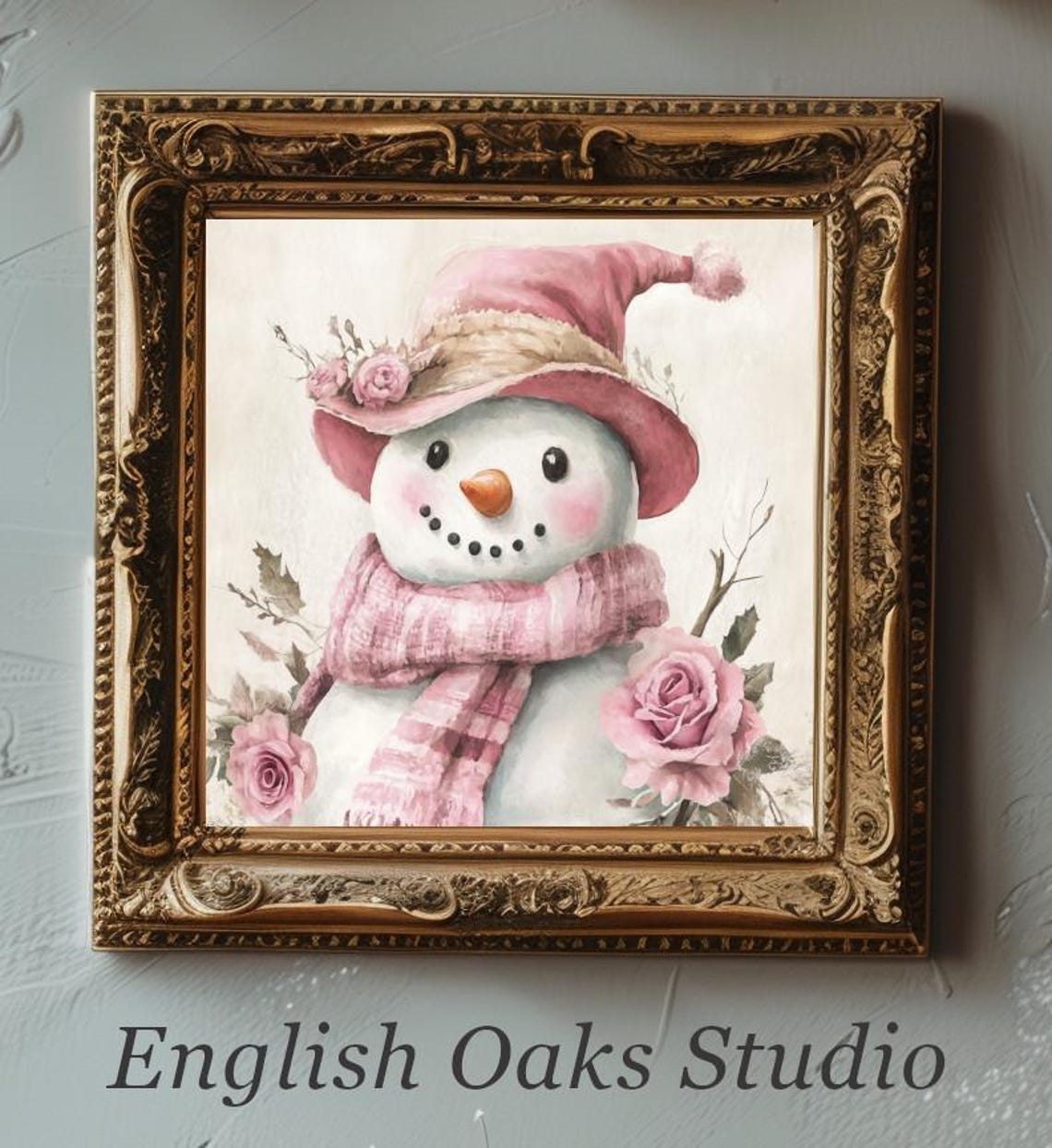 Farmhouse Snowman With Pink Hat Scarf And Roses Print Vintage Winter Season Pastel Holiday Decor Christmas Snowman Nursery Painting
