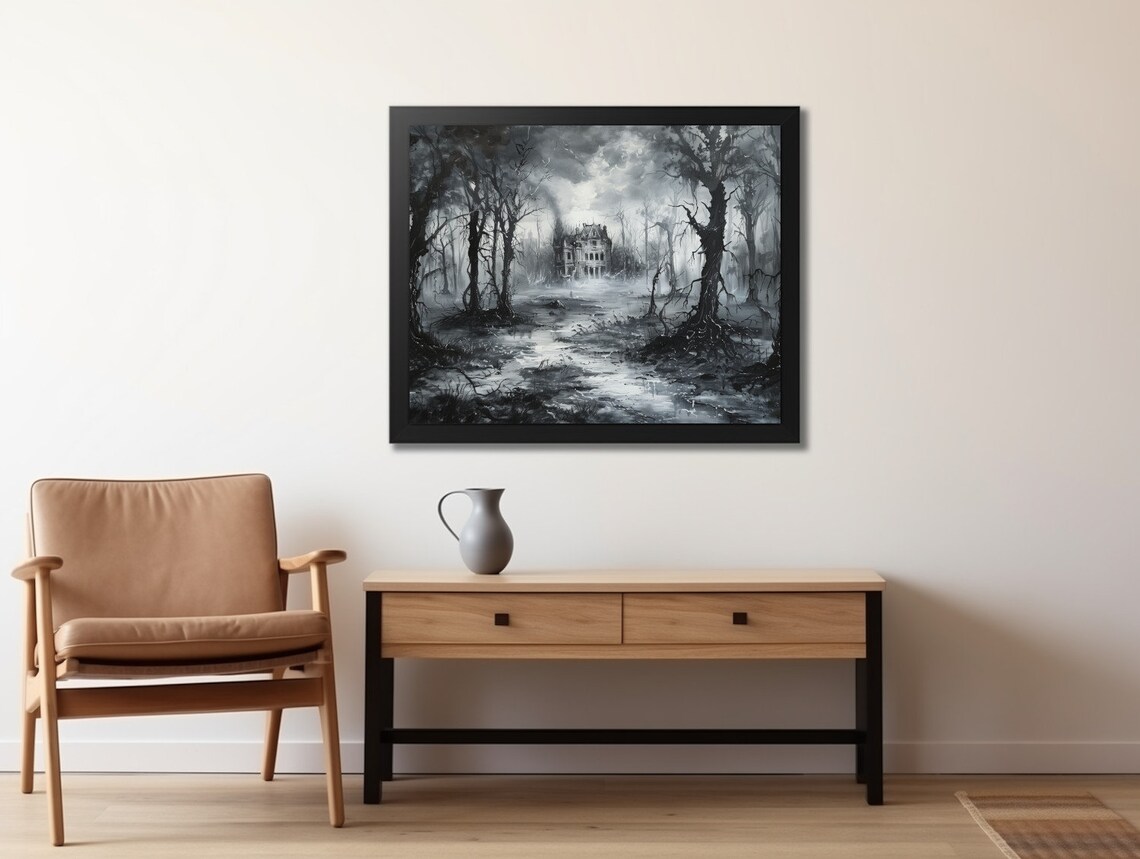 Haunted Mansion Foggy Woods Black White Spooky Gothic Painting Poster - Image 2