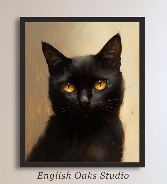 Rustic Halloween Black Cat Decor Art Print Vintage Moody Black Cat Portrait Painting